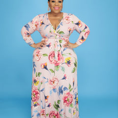  All Over Print V Neck Belted Wrap Maxi Dress Women's Plus
