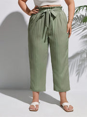  Ribbed High Rise Paperbag Waist Pants With Belt