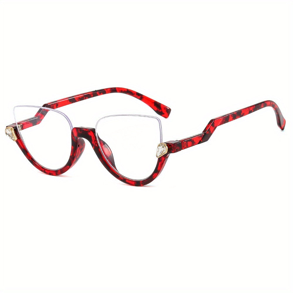 Semi Rimless Cat Eye Clear Lens Glasses with Rhinestone Decor