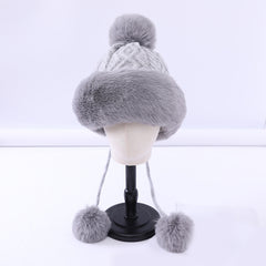 Fur Beanie Hat With Pom Pom Fuzzy Trapper Hat Ears Warm Knit Cap