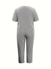 Women's Plus Stripe Print Button Decor Short Sleeve Top & Pants Two Piece