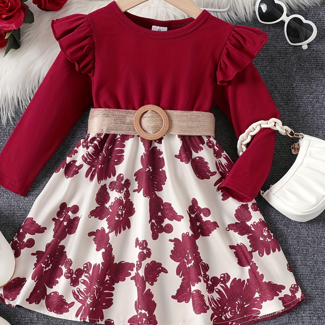 Retro Floral Long Sleeve Dress for Girls with Ruffle Trims