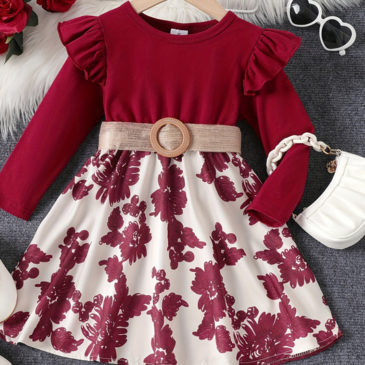 Retro Floral Long Sleeve Dress for Girls with Ruffle Trims