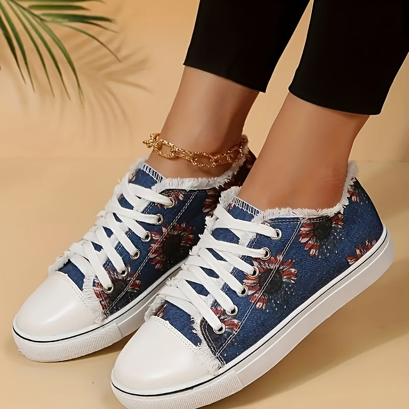 Floral Print Canvas Lace-Up Low Flat Casual Sporty Shoes
