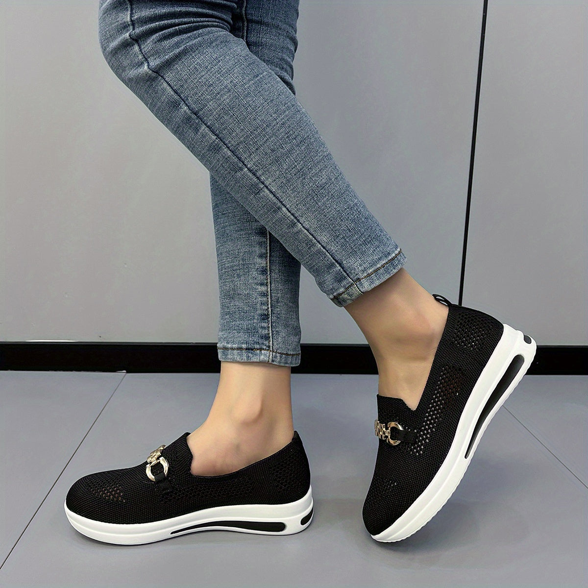 Women's Knitted Sock Shoes Metal Chain Low Top Slip On Casual Walking Sneakers
