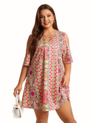  Paisley Print Cold Shoulder V Neck Dress