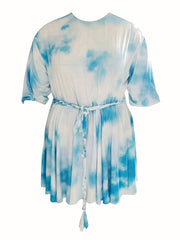  Tie Dye Half Sleeve Round Neck Mini Dress With Belt