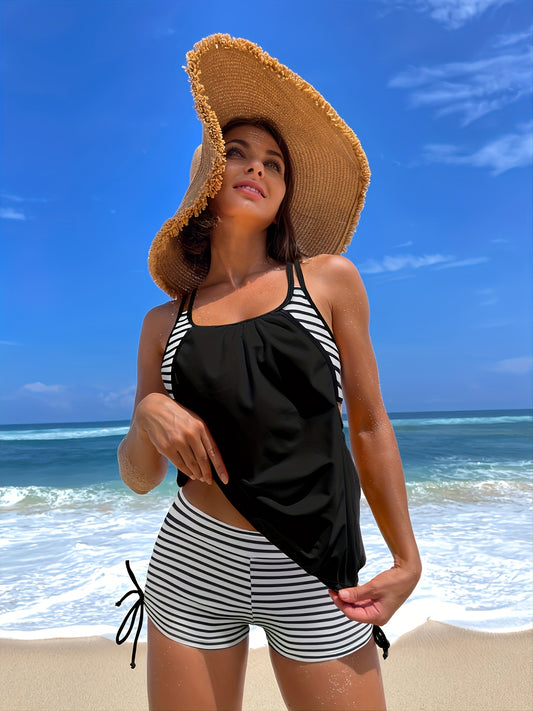Striped Print Tankini Sets Criss Cross Straps Colorblock Boxer Short