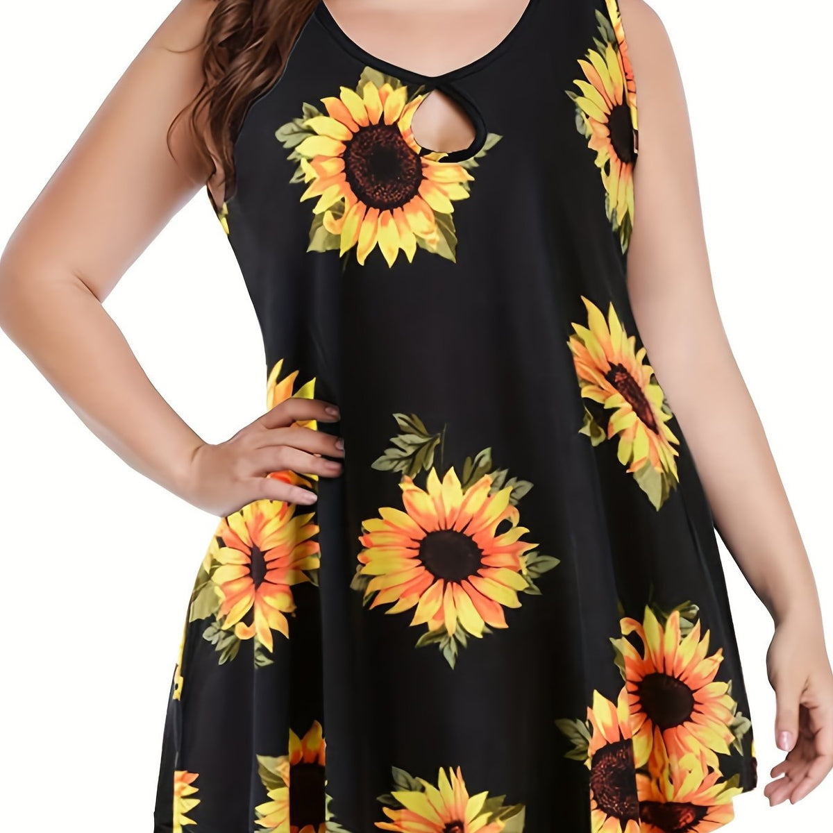  Sunflower Print Cut Out Round Neck Tank Top