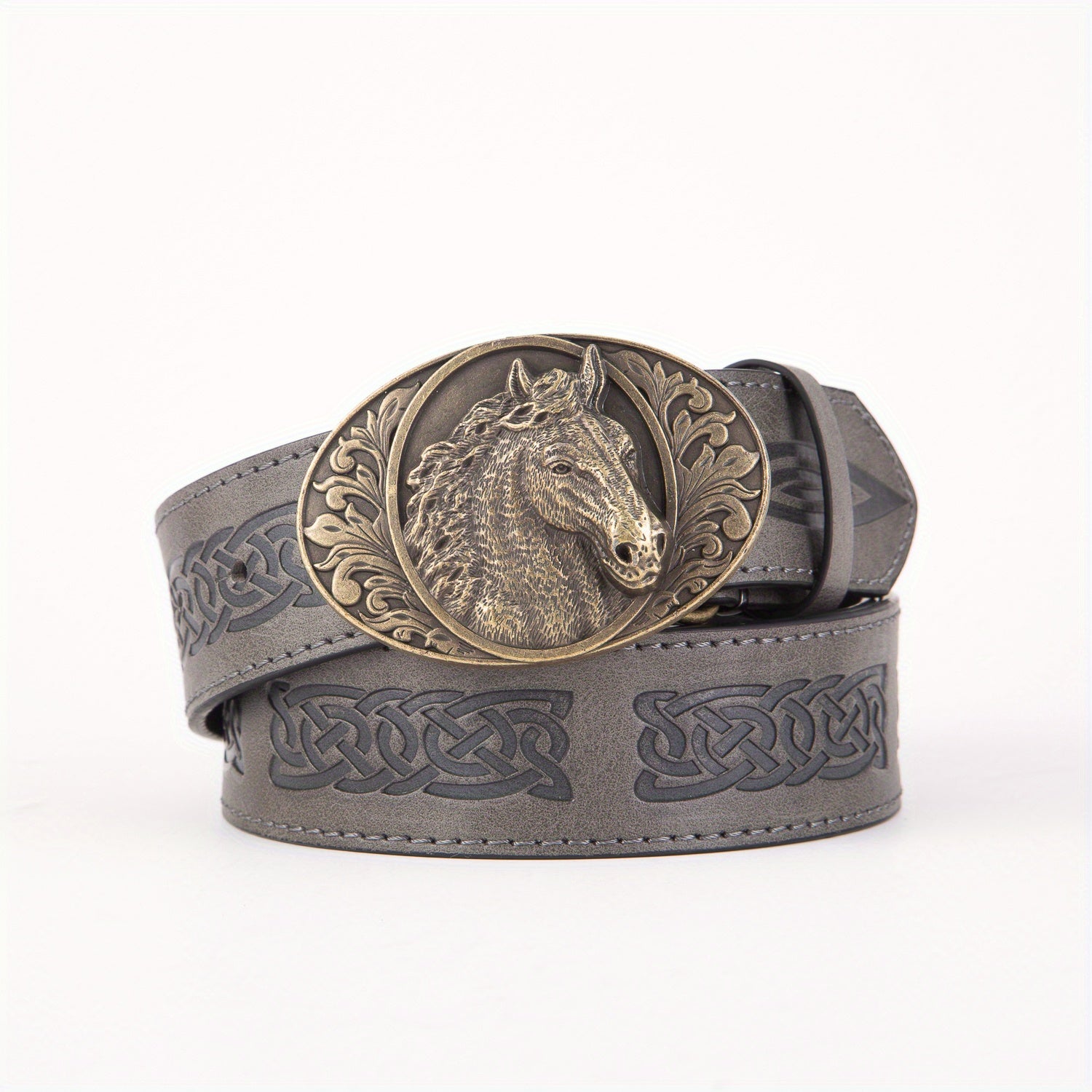 Men's PU Leather Horse Head Buckle Belt Western Cowboy Belt