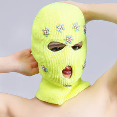 Green Rhinestone Flower Balaclava Y2K Ski Mask