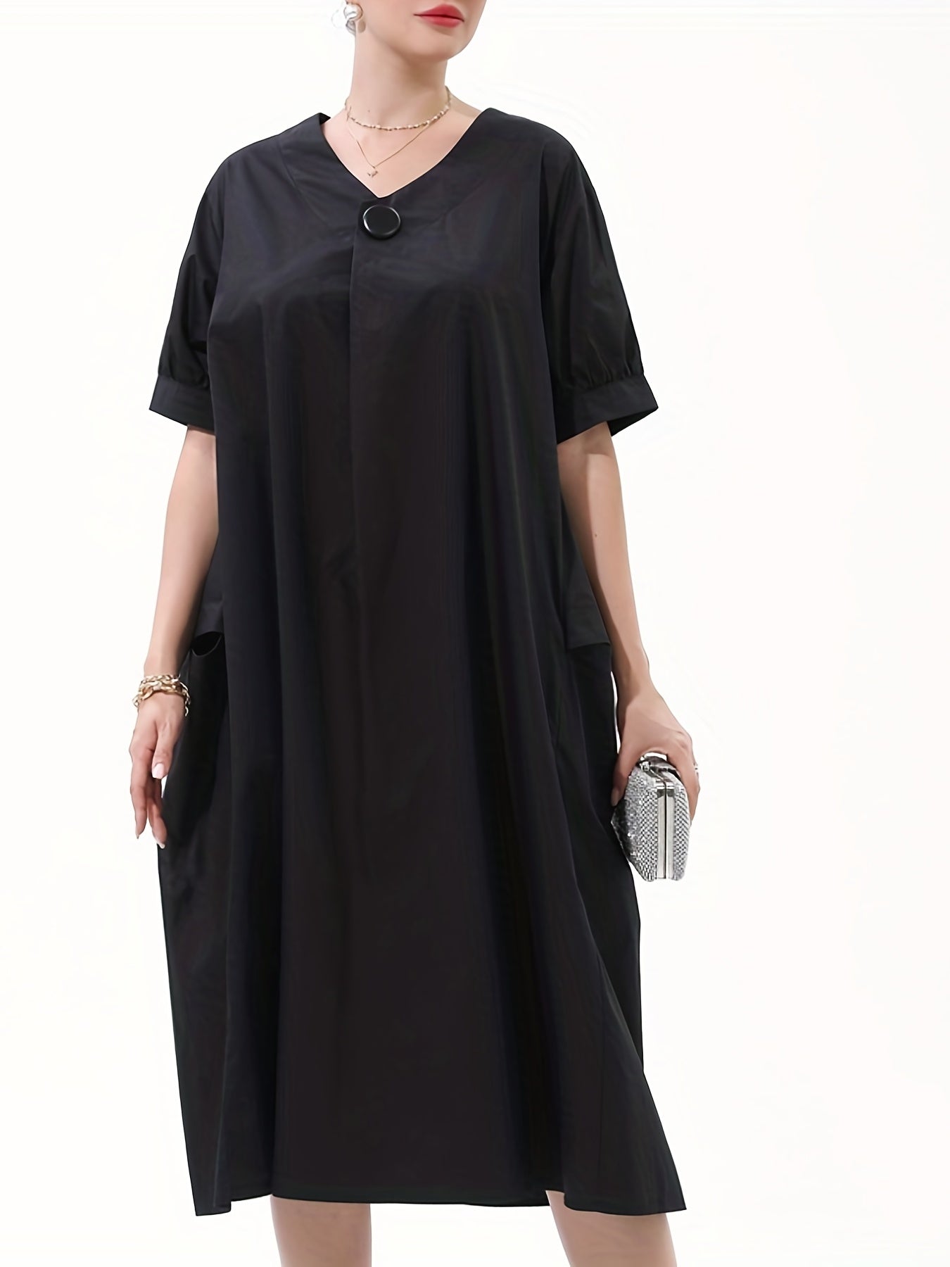  V-Neck Button Decor Loose Dress With Pockets