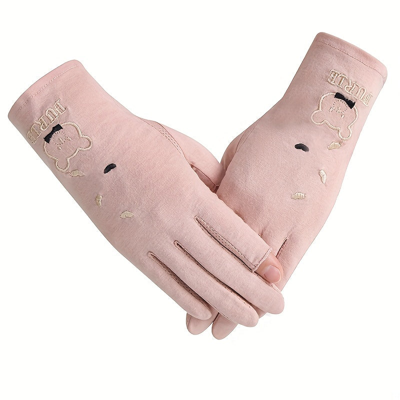 Bear Embroidery Half Finger Gloves for Women