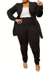Women's Plus Solid Long Sleeve Open Front Top & Leggings Two Piece Set