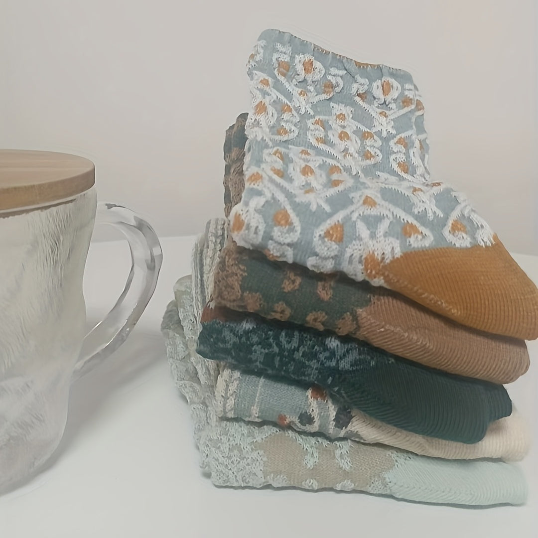 5 Pairs Retro Style 3D Textured Mid Tube Socks Women's Stockings