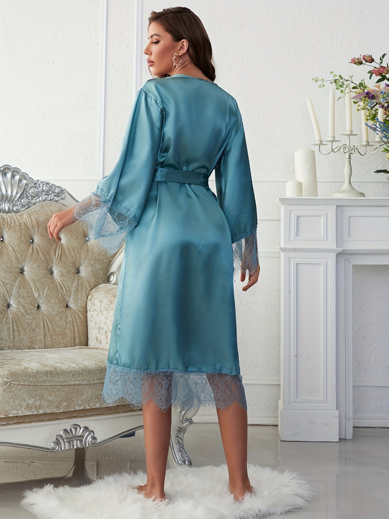 Lace Night Robe Long Sleeve V Neck With Belt