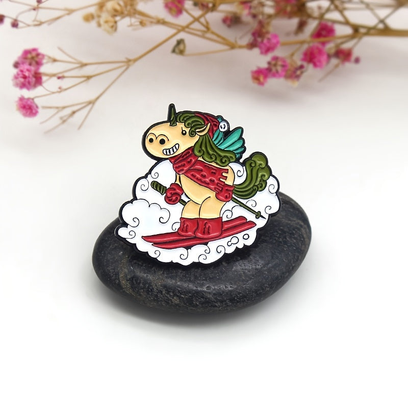 Winter Ski Sled Unicorn Red Scarf Horse Cartoon Brooch