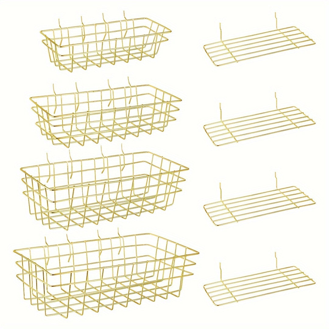 8pcs Pegboard Storage Rack Basket - 4 Sizes Baskets & 4 Plates Wire Shelf