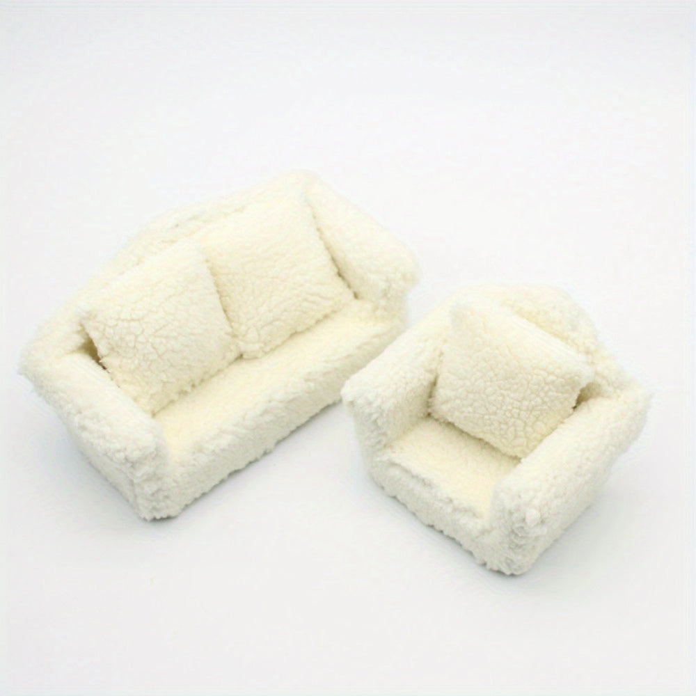 Soft Beige Plush Single Sofa with Pillow for Dollhouse