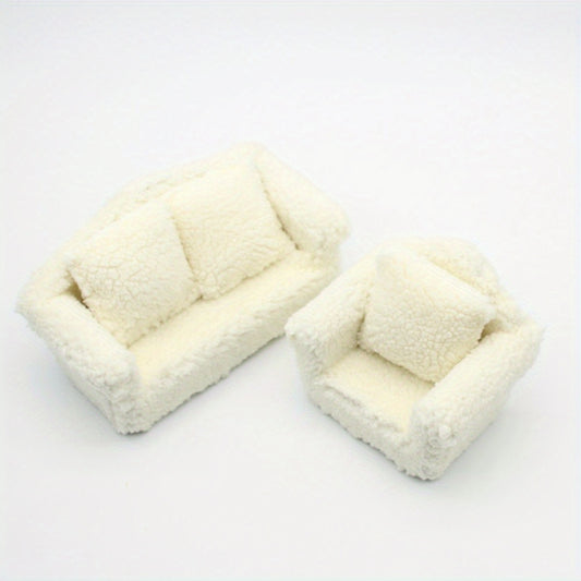 Soft Beige Plush Single Sofa with Pillow for Dollhouse