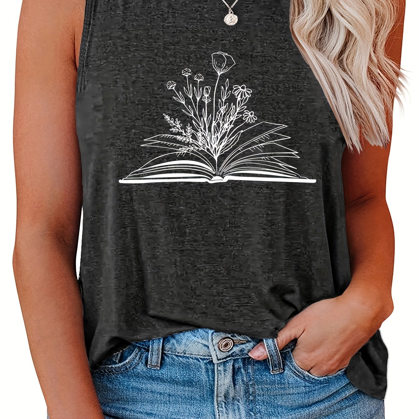  Casual Tank Top Women's Plus Book & Flower Print Round Neck Tank