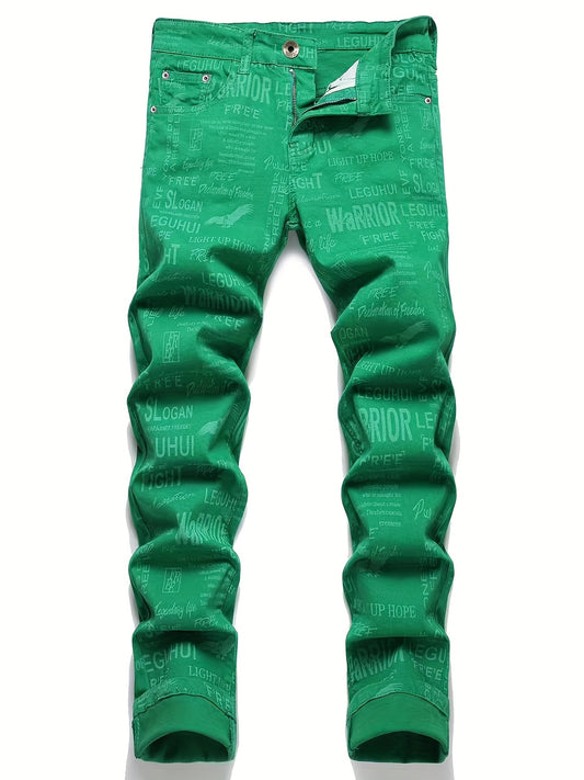 Men's Winter Casual Alphabets Print Slim Fit Straight Jeans