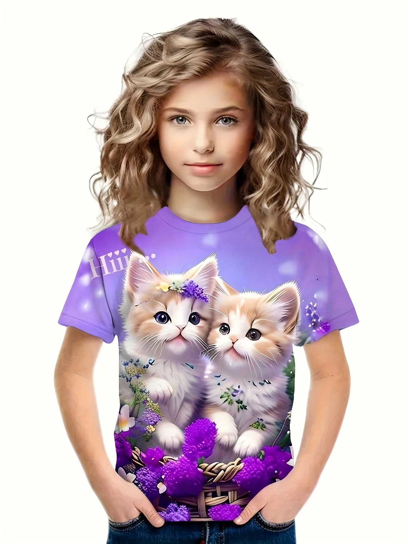 Girls Kitten Pattern Crew Neck Short Sleeve T-shirt