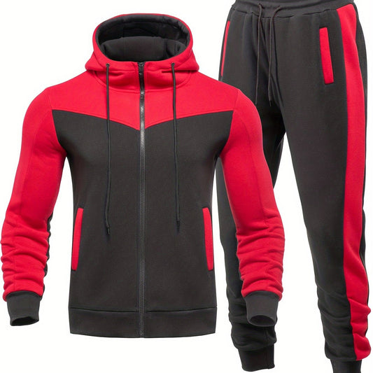 Men's Hooded Zip Jacket and Drawstring Sweatpants Set for Spring/Autumn