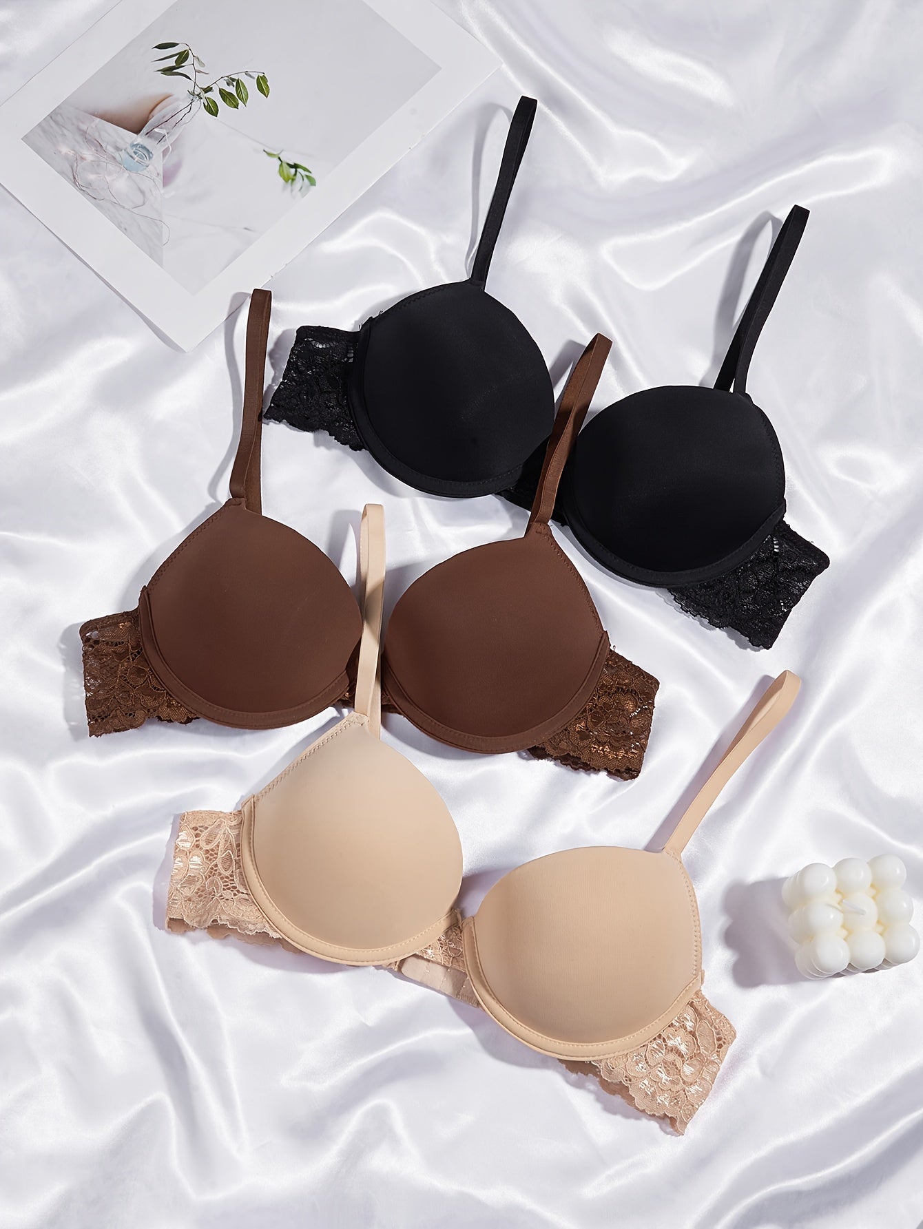3pcs Lace T Shirt Bras Push Up Comfy & Breathable Women's Lingerie