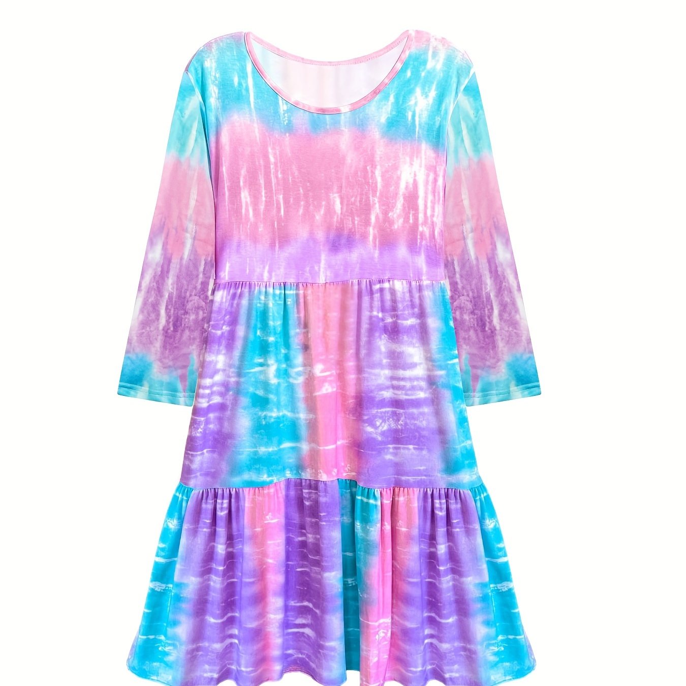 Women's Plus Tie Dye Long Sleeve Round Neck Ruffle Trim Smock Dress