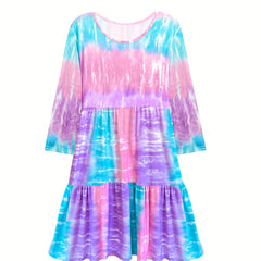 Women's Plus Tie Dye Long Sleeve Round Neck Ruffle Trim Smock Dress