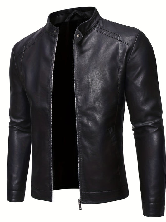 PU Biker Jacket Men's Casual Zip Up Faux Leather Jacket For Fall Winter