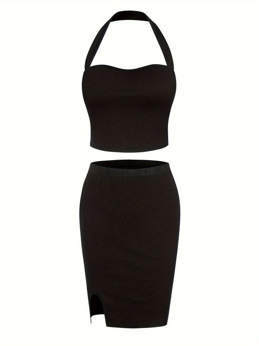  Halter Neck Backless Crop Top & Slim Fit Skirt Set
