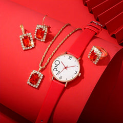 Fashionable High School Digital Red Leather Quartz Watch Set