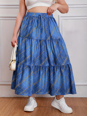 Casual Skirt Chain & Denim Print Drawstring Smock Maxi Skirt
