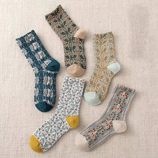 5 Pairs Women's Floral Print Socks Stockings