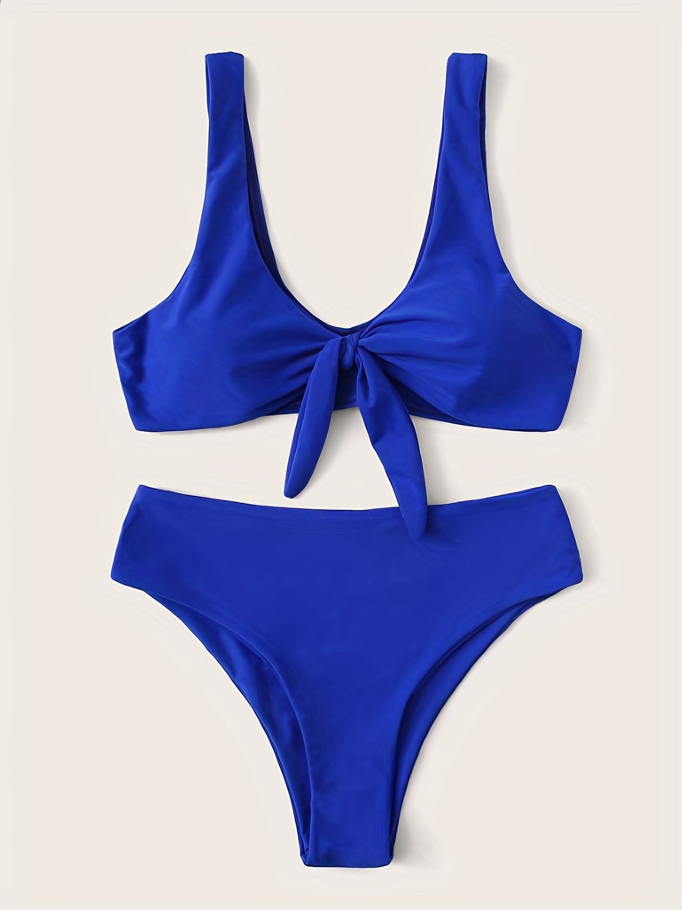 Solid Knot Front V Neck Bikini Set 2 Piece Swimsuit