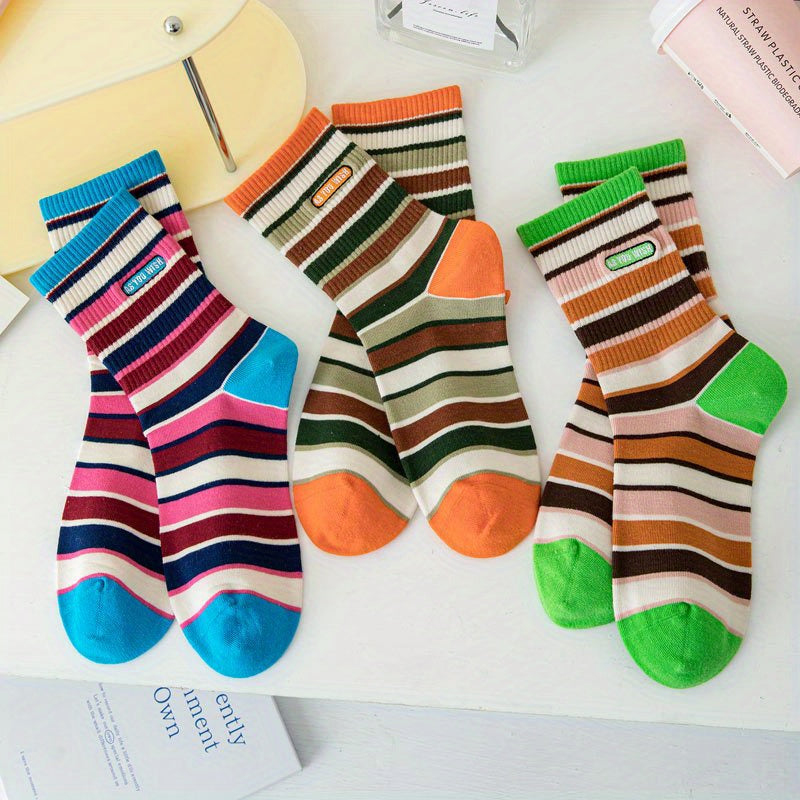 3 Pairs Colorblock Striped Socks Comfy & Funny Mid Tube Socks