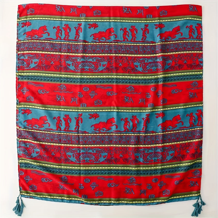 Horses Printed Scarf Retro Striped Fringed Shawl Long Sunscreen Bandana