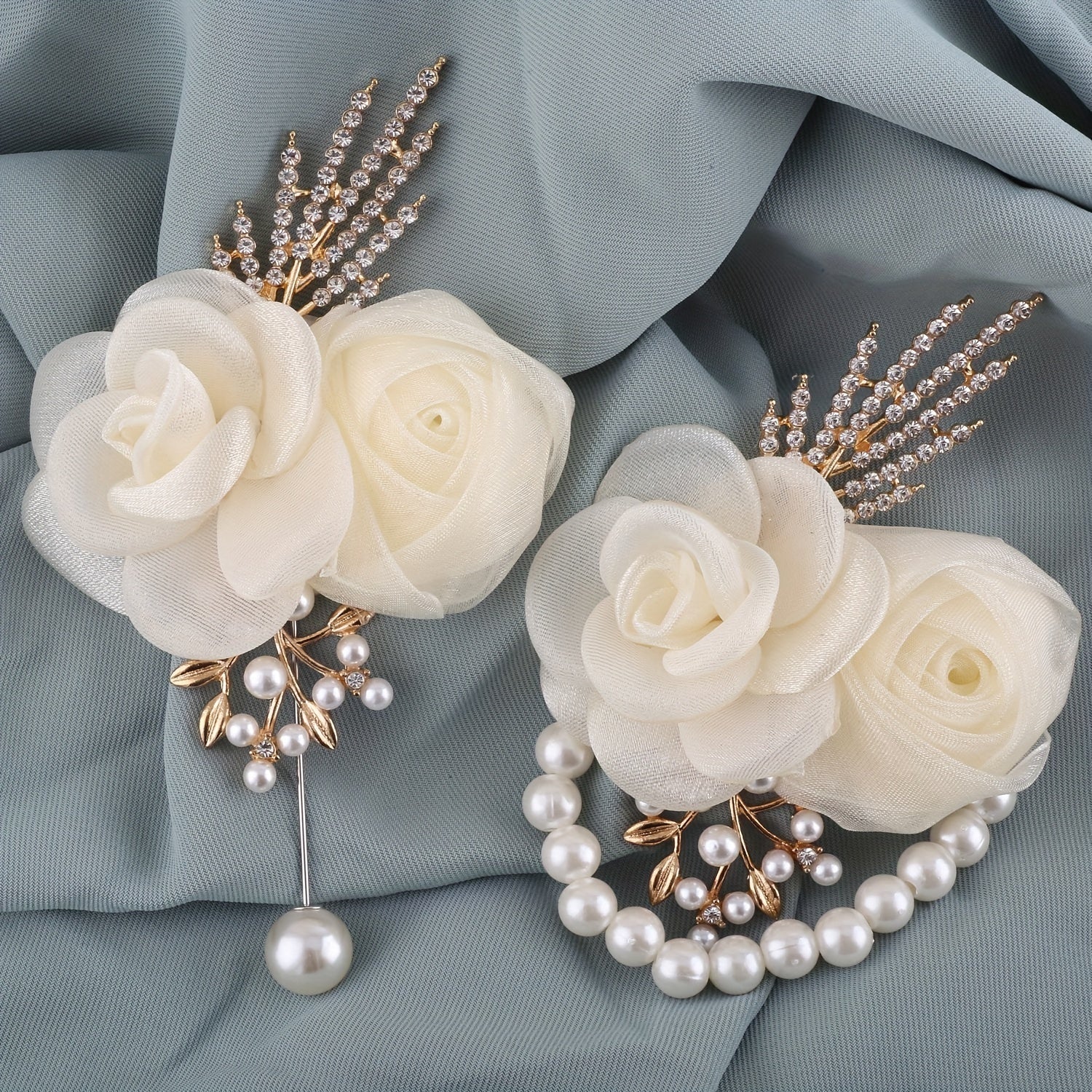 Ivory Crystal Rose Wedding Boutonniere