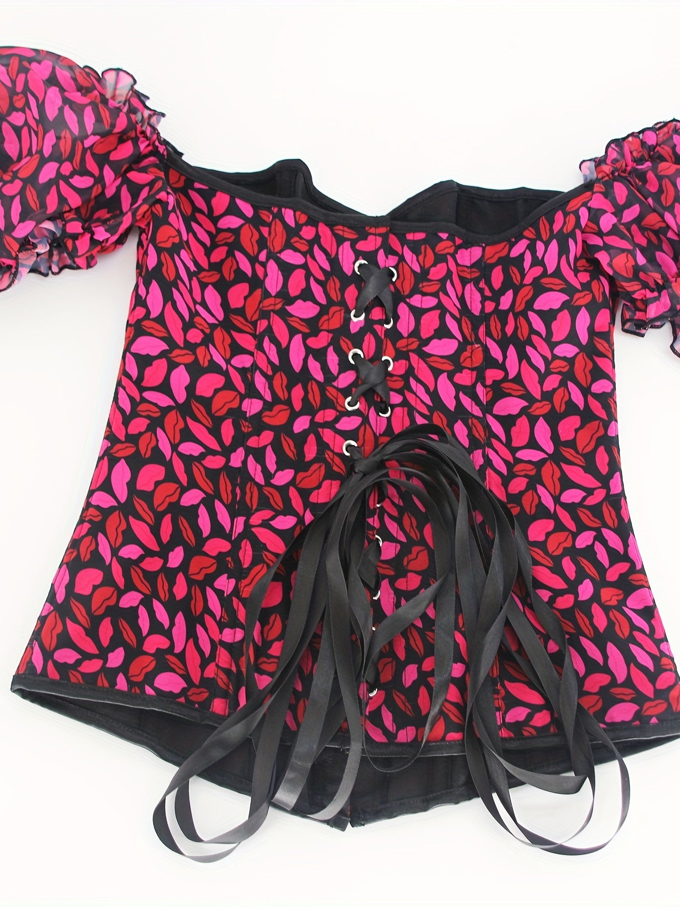 Lips Pattern Corset Bustier Tummy Control Lace Up Body Shaper
