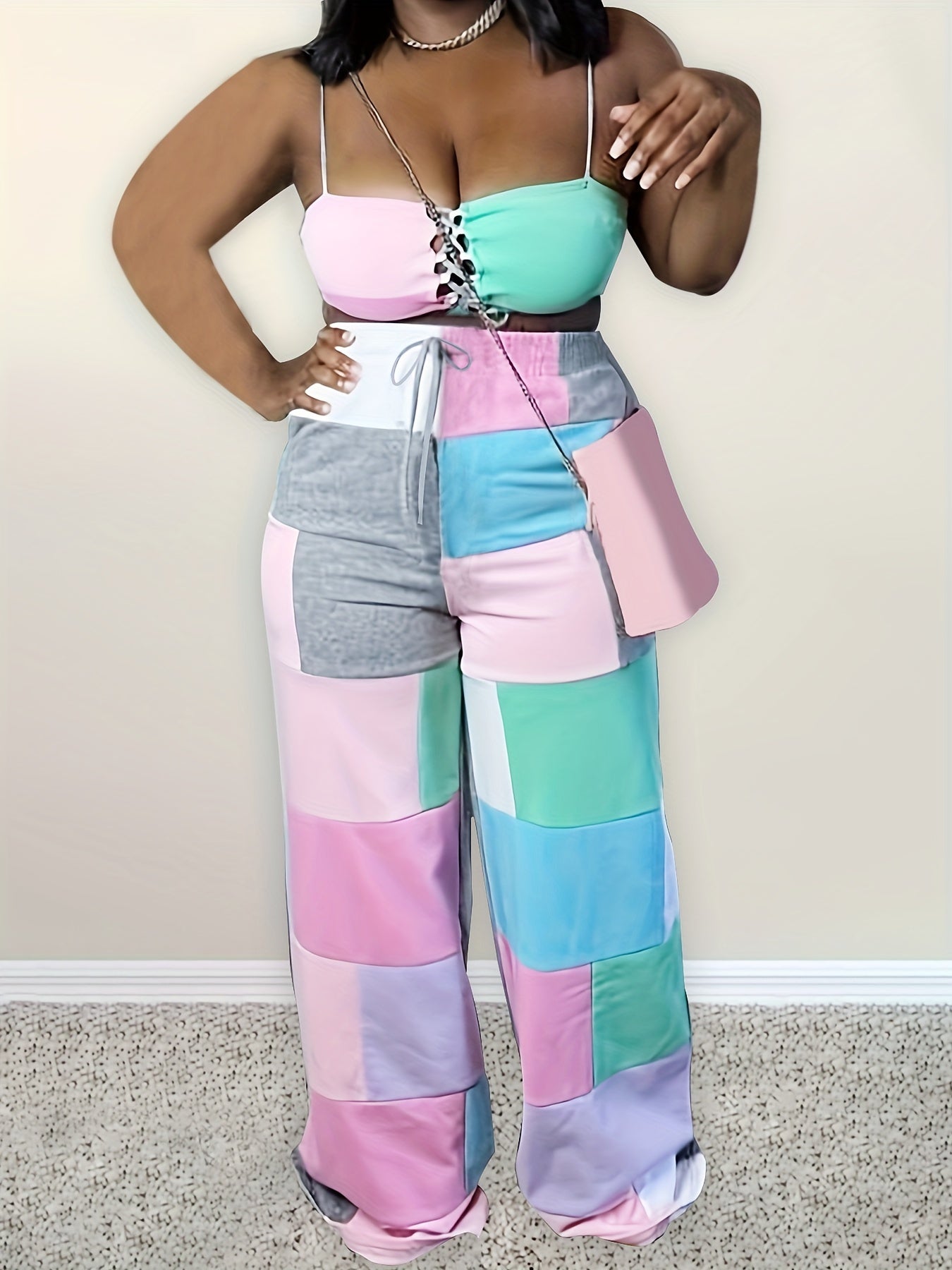  Colorblock Drawstring High Rise Wide Leg Pants