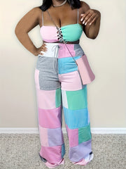  Colorblock Drawstring High Rise Wide Leg Pants