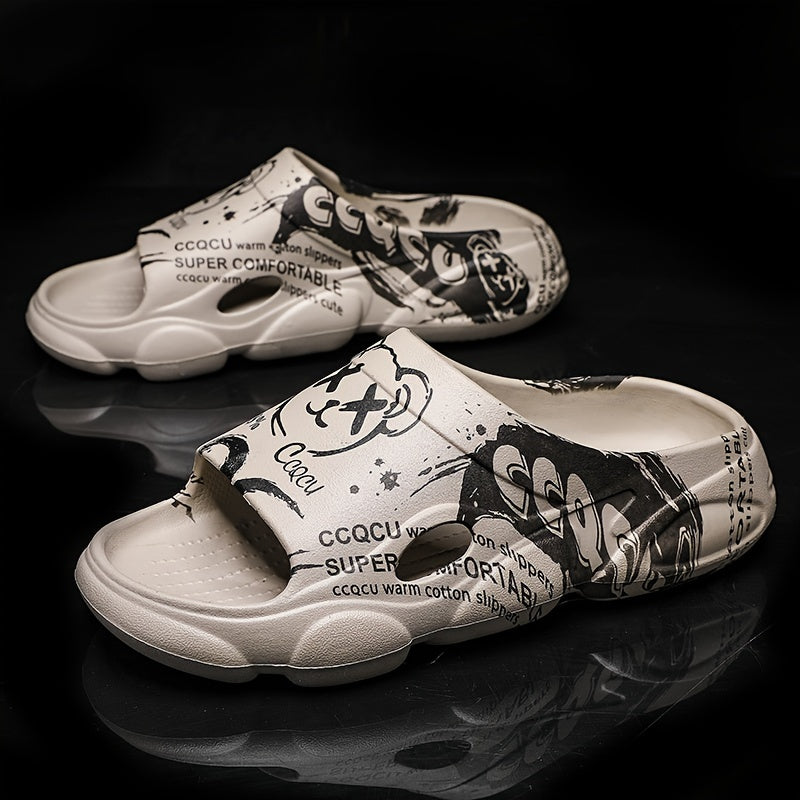 Men's Cartoon Print Non Slip Platform Slides Comfortable Cloud Slides