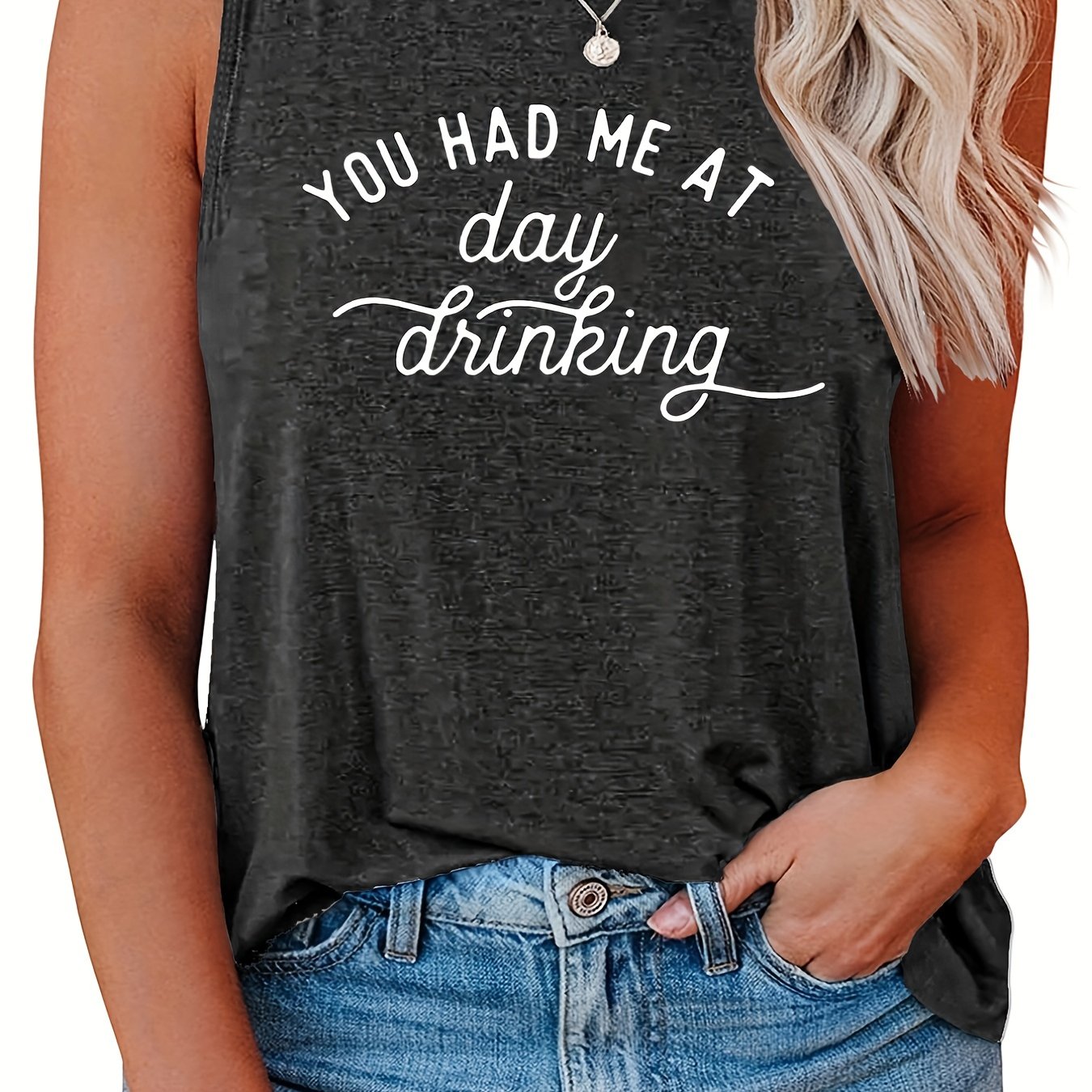  Women's Slogan Tank Top Round Neck Stretch