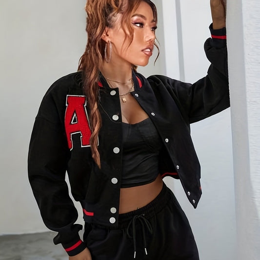 Alphabets Embroidered Varsity Jacket Casual Crop Button Front