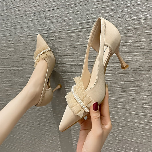 Pearl Stiletto Heels Point Toe Pumps Cutout Heels