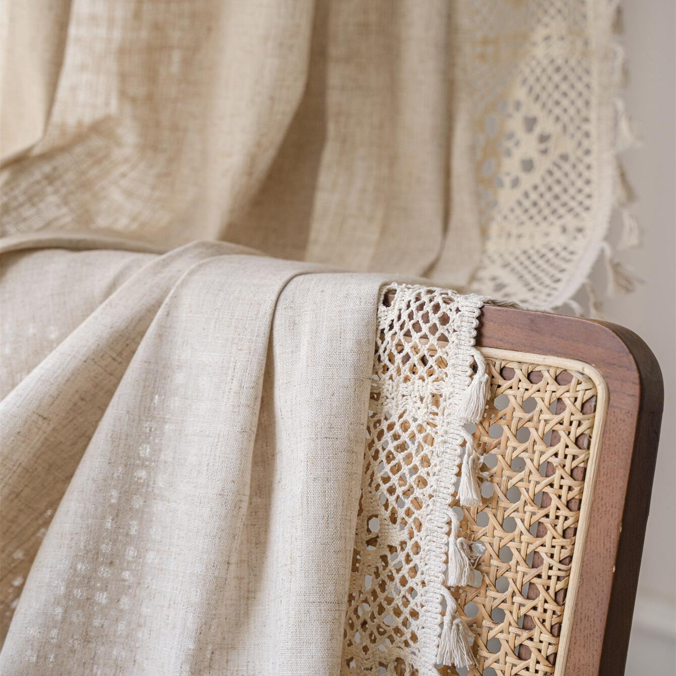 Boho Pure Linen Crochet Semi Blackout Curtain American Farmhouse Style