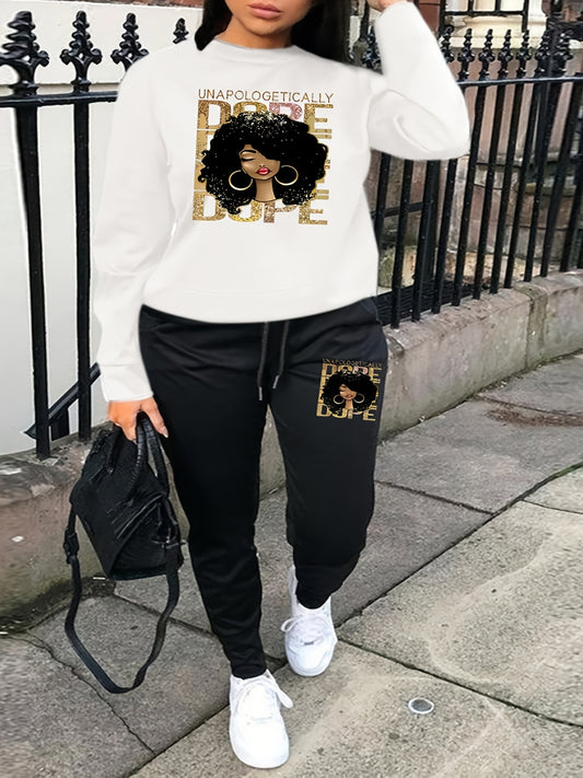  Figure Print Sweatshirt & Drawstring Sweatpants Set Women's Plus