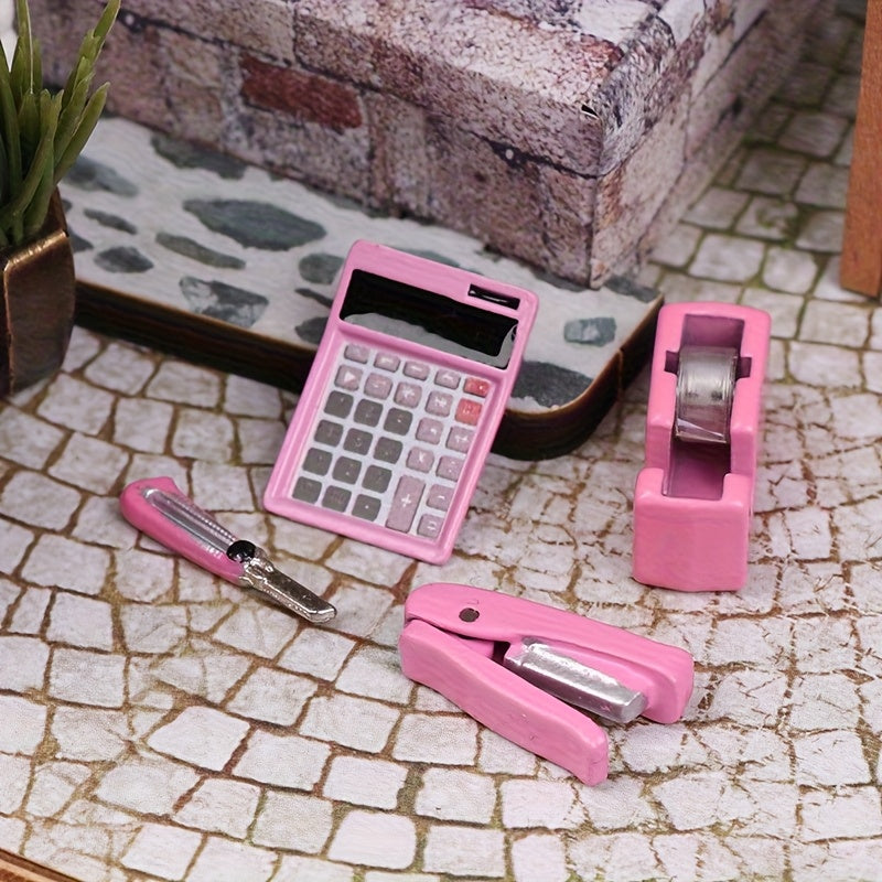 4pcs Mini Metal Desk Accessories Set Scissors Pens Highlighters Sticky Notes